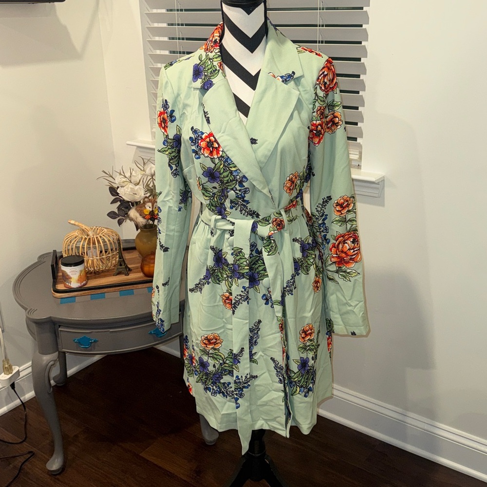 Modcloth Profound Pizzazz Mint Floral Trench Coat Size L - Picture 2 of 11